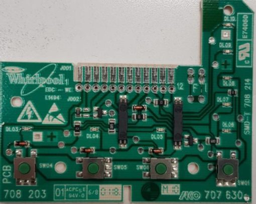 Waschmaschine Steuer-Module / Bedienteil	WHIRLPOOL-BAUKNECHT PCB 708 203 M10 707 630 SMD-T 708 214		01 CPCSE 94V-0 6/8 0118	EDC-WE L1494 J002 E74060	 (Gbr)          PositionNummer:WB21-016