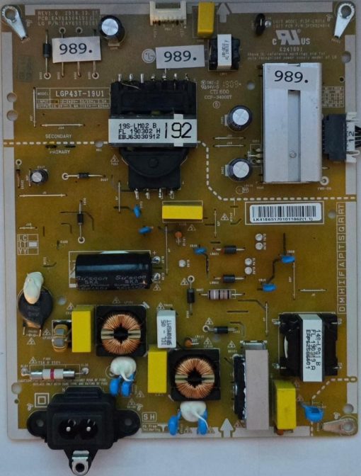 NETZTEIL	LG	EAX68304101 (1.7) EAY65170101 REV1.0 LGP43T-19U1		SWZ-2 1909 94V-0 CTI 600 CCP-3400ST, 18S-DD02 FL 190311 F,  PLDF-L801A	SL-19 03-29A, E247691,3PCR02491A, 19S LM02 B FL 190302 H EBJ63030912 92	LK41E651701011862(1.1) (Gbr )                  PositionNummer:N62-989