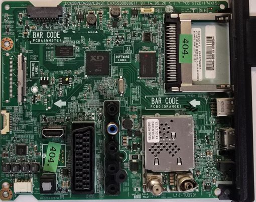 MAINBOARD	LG	55LB620V 55LB620V-ZE 55LB620V-ZE.BEUWLJG	04EZ58526FA LC43B/LD43B/LB43T EAX65388006(1.0)	MEZ65035101(REV03) 4N1D00GA-00014 A03	55LB620V EU EBR77562867 IC1300 V03.22.00 3D35 IC102 V3.50.06 9C3CD8F9 ECOA0-0 LG1411-127 10.11.L1	411WRHNN9945, WCM4N04-01533 CH EBT62973040 (Gbr)          PositionNummer:KT39-404