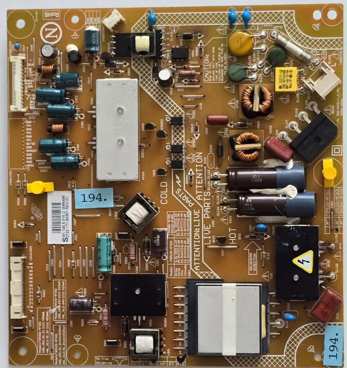 NETZTEIL PHILIPS 32PFL7606H/12 FSP103-4FS01 FSP110-4FS01 FSP096-4FS01 S SK 140.5 016.D 0065496 2722 171 90357 REV:01 (Gbr) PositionNummer: N19-194