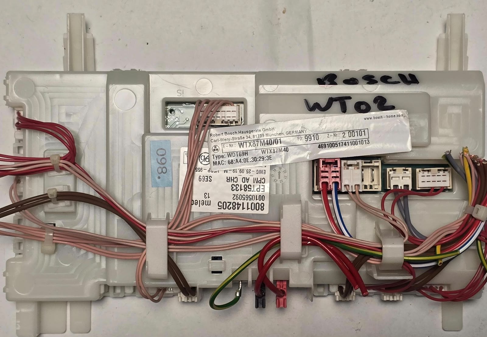 WÄSCHETROCKNER ELEKTRONIK BOSCH WTX87M40/01 8001148205 EPT58133 9910 200101, 0010565092 CPM_AD_CHR EWG-25.09.19-M WDT69H WTX87M40 469100517411001013, 9001007284 (Gbr) PositionNummer: WT02-098