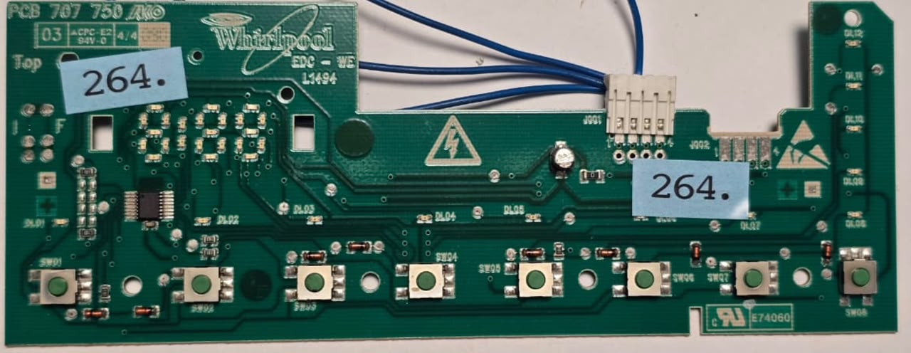 WASCHMASCHINE ELEKTRONIK BAUKNECHT PCB 707 750 E74060 EDC-WE L1494 WH 461971403701-02 E1 AKO CN 707629-05 100513 30 299 (Gbr) Position Nummer: WM21-264
