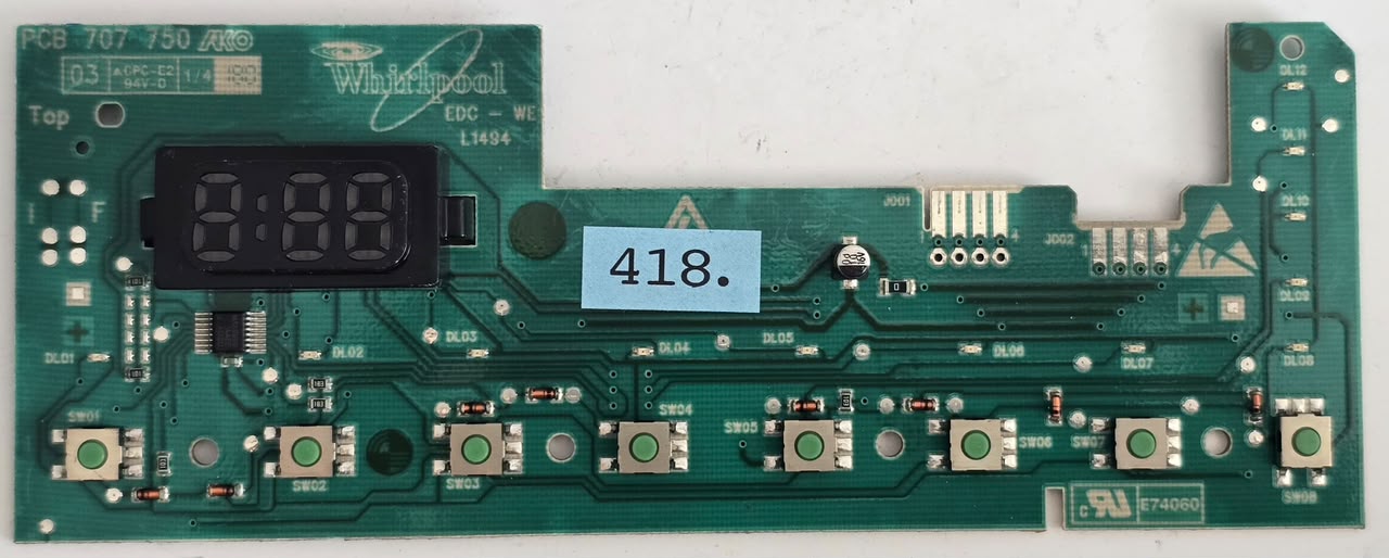 WASCHMASCHINE ELEKTRONIK BAUKNECHT PCB 707 750 E74060 EDC-WE L1494 WH 46197140370102 E1 AKO CN 707629-05 100625 30 829 (Gbr) Position Nummer: WM21-418