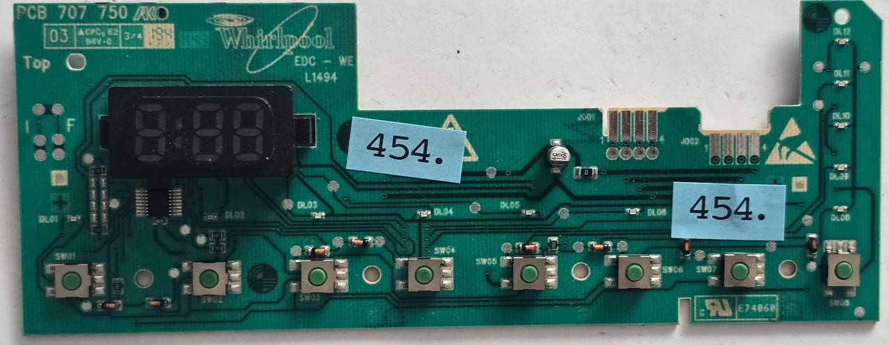 WASCHMASCHINE STEUER-MODULE BEDIENTEIL BAUKNECHT PCB 707 750 EDC-WE L1494 E74060 WH 461971403701-02 E1 AKO CN 707629-05 140823 22 30 776 (Gbr) PositionNummer: WB21-454